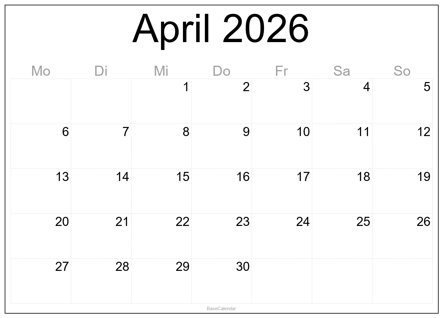 Druckbarer Kalender April 2026