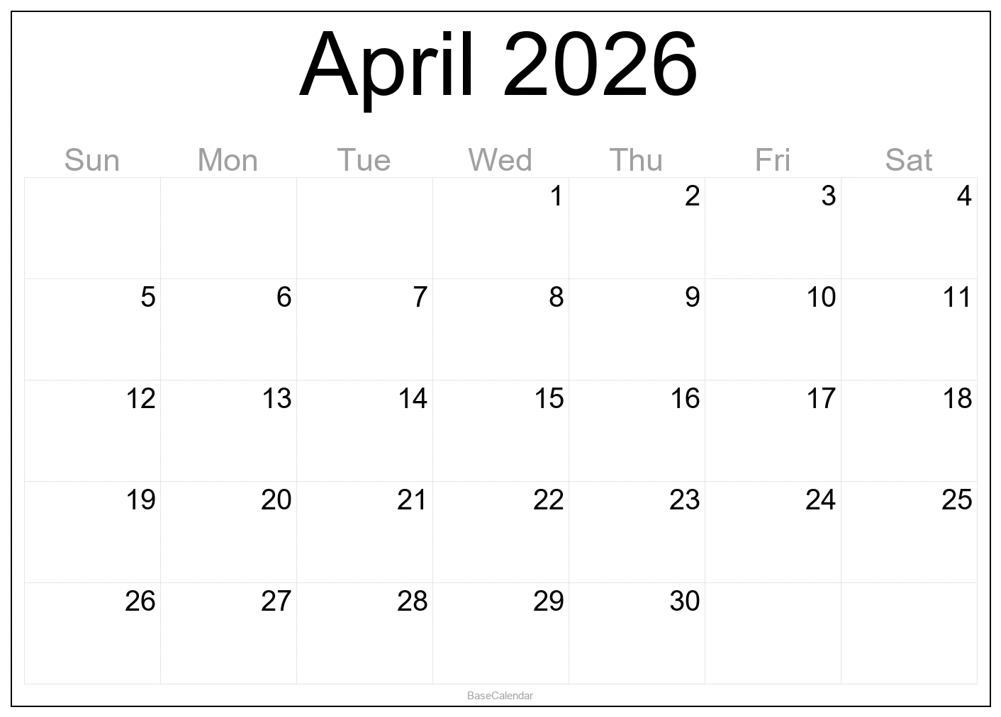 Printable April 2026 Calendar