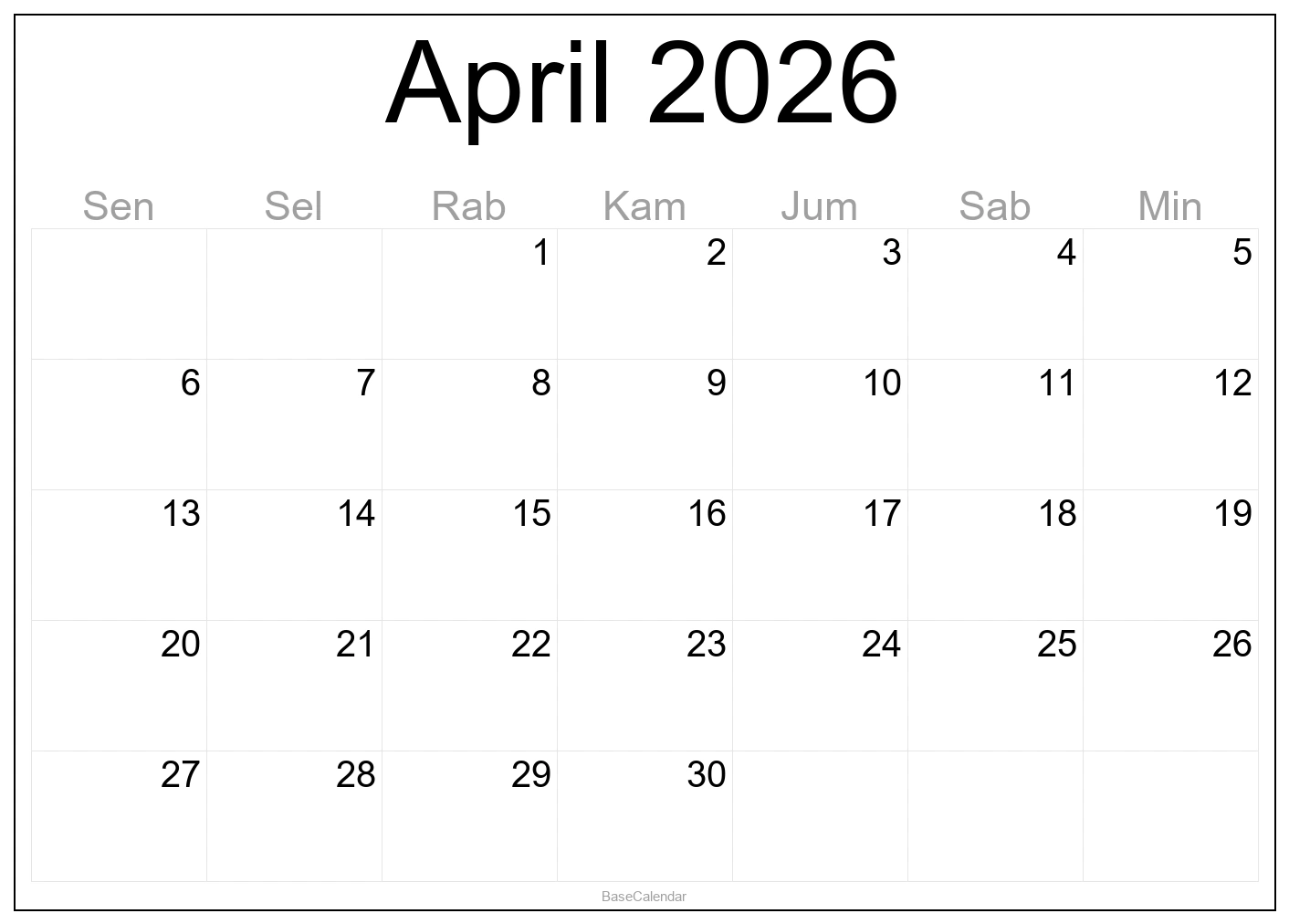 Kalender Cetak April 2026